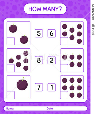How many counting game with plum worksheet for preschool kids, kids activity sheet, printable worksheet 86926049