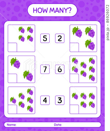 How many counting game with grape worksheet for preschool kids, kids activity sheet, printable worksheet 86926072