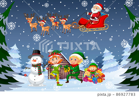 Snowy night scene with Christmas cartoon characters 86927783