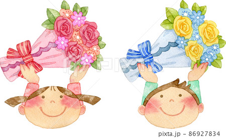 【セット素材】バラの花束を持つ子供たちのイラスト 86927834