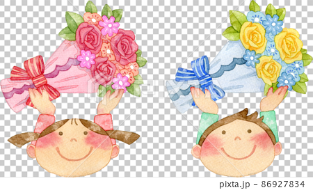 【セット素材】バラの花束を持つ子供たちのイラスト 86927834
