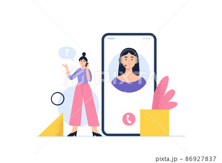 A woman call to a customer support. Live chat, hotline operators. Customer support department staff, telemarketing agents. Online global technical support 24 7 concept. Vector flat illustration. A woman call to a customer support. Live chat, hotline operators. Customer support department staff, telemarketing agents. Online global technical support 24 7 concept. Vector flat illustration. 86927837
