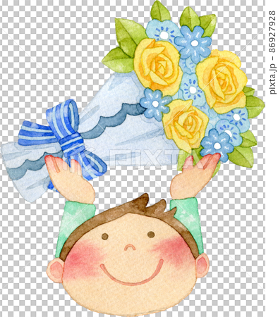 Illustration of a boy with a bouquet of yellow roses 86927928