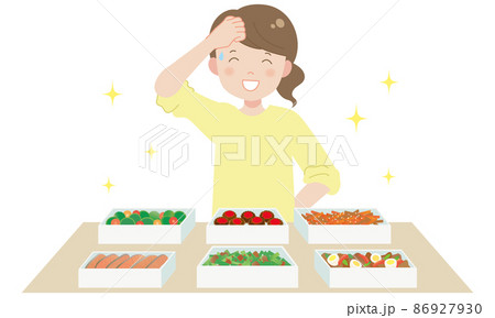 作り置き料理が完成してホッとする女性  86927930