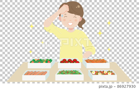 作り置き料理が完成してホッとする女性  86927930