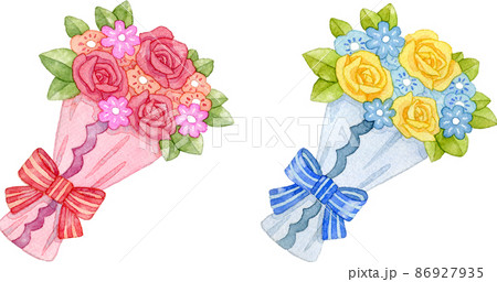 【セット素材】バラの花束のイラスト 86927935