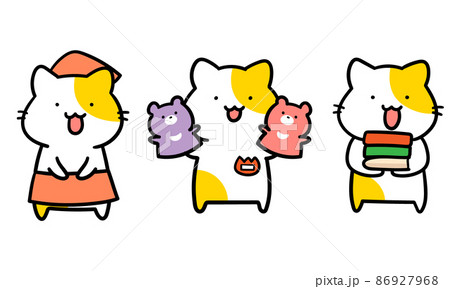 アルバイトをするかわいいねこのキャラクターの手書き風イラストセットのイラスト素材