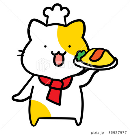 レストランで働くかわいいねこのキャラクターの手書き風イラストの