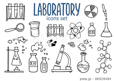 Laboratory chemistry symbols icon set. Science subject doodle design. Education and study concept. Biology or medicine supplies. Vector illustration Laboratory chemistry symbols icon set. Science subject doodle design. Education and study concept. Biology or medicine supplies. Vector illustration 86928484
