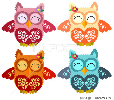 four Nice smiling owls with a lilac flower on the ear and ornament on the heart and wings four Nice smiling owls with a lilac flower on the ear and ornament on the heart and wings 86929319