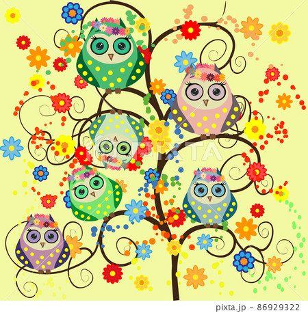 Bright cute cartoon owls sit on the flowering branches of fantastic trees Bright cute cartoon owls sit on the flowering branches of fantastic trees 86929322