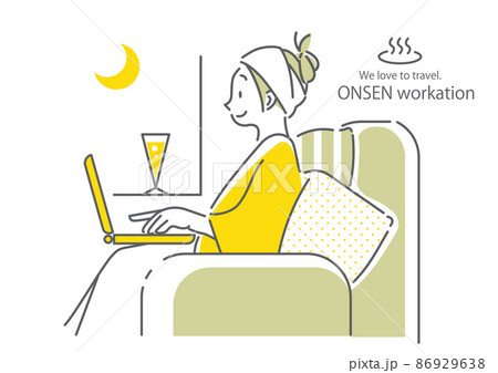 ワーケーション　お風呂上りにソファでリラックスしながら仕事をする女性　シンプルでお洒落な線画イラスト 86929638