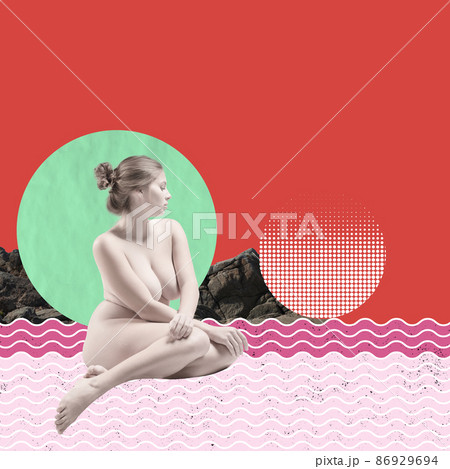Contemporary art collage. Young tender woman sitting naked isolated over red background Contemporary art collage. Young tender woman sitting naked isolated over red background 86929694