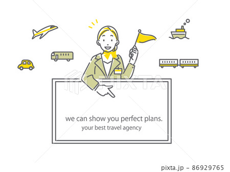 ボードを指差す旅行会社の女性と乗り物の線画アイコンセット　シンプルでお洒落な線画イラスト 86929765