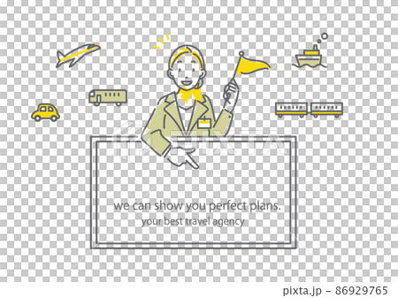 ボードを指差す旅行会社の女性と乗り物の線画アイコンセット　シンプルでお洒落な線画イラスト 86929765