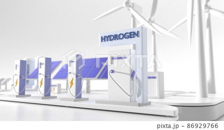 Green sustainable hydrogen energy gas fueling and electric stations with wind turbines, solar panels and battery bank in the background. Alternative power generation, 3d render illustration Green sustainable hydrogen energy gas fueling and electric stations with wind turbines, solar panels and battery bank in the background. Alternative power generation, 3d render illustration 86929766