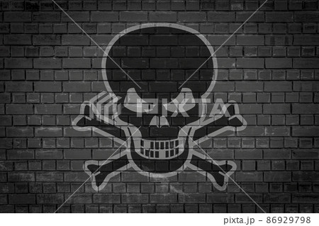 Skull on a brick wall. Hazard warning. Terrible and intimidating look 86929798