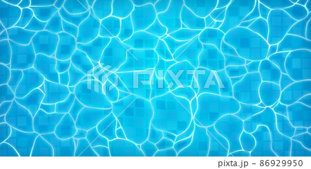 Realistic swimming pool bottom with blue water waves texture. Summer aqua surface with caustics ripples. Spa pool top view vector background Realistic swimming pool bottom with blue water waves texture. Summer aqua surface with caustics ripples. Spa pool top view vector background 86929950