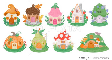 Cartoon little fantasy houses for fairies, elves, gnomes or dwarfs. Mushroom, pumpkin and flower cute fairytale homes in forest vector set 86929985