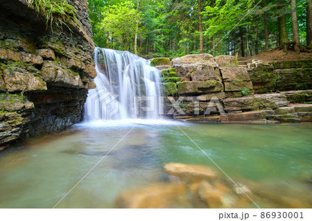 Waterfall on mountain river with white foamy water falling down from rocky formation in summer forest. Waterfall on mountain river with white foamy water falling down from rocky formation in summer forest. 86930001