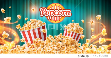 Crunchy popcorn snack ad poster with striped buckets and grains. Sweet or salt cinema food commercial. Flying tasty popcorn vector banner Crunchy popcorn snack ad poster with striped buckets and grains. Sweet or salt cinema food commercial. Flying tasty popcorn vector banner 86930066