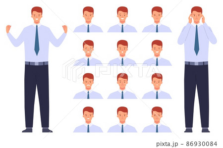 Flat business man character emotions and facial expressions. Angry, doubt, sad and happy businessman face. Office worker emoji vector set 86930084