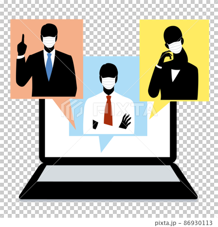 Masked men and women talking online 86930113