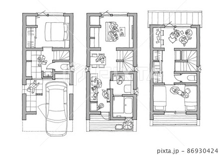 一階にガレージ二階にリビングのある三階建て住宅の間取り(グレー) 86930424