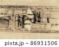 The plane stands next to the passenger boarding sleeve. 86931506