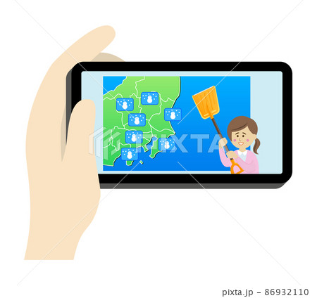 スマホで雪の天気予報をチェックするイラストイメージ 86932110