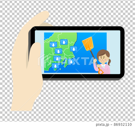 スマホで雪の天気予報をチェックするイラストイメージ 86932110