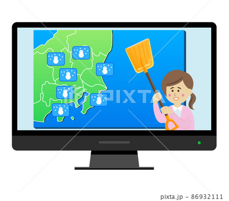 テレビで雪の天気予報をチェックするイラストイメージ 86932111
