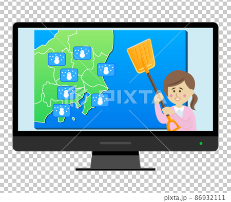 テレビで雪の天気予報をチェックするイラストイメージ 86932111