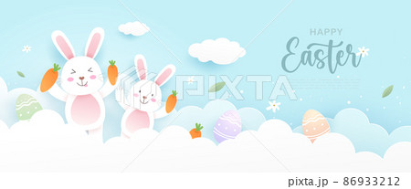 Happy Easter with cute bunny or rabbit, easter eggs, carrot and festive elements on the blue sky in paper cut style. Vector illustration Happy Easter with cute bunny or rabbit, easter eggs, carrot and festive elements on the blue sky in paper cut style. Vector illustration 86933212