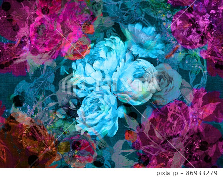 薔薇芍薬牡丹のボタニカルブーケと螺鈿模様の壁紙イラストのイラスト素材