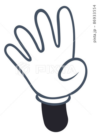 Cartoon hand showing four fingers. White glove arm 86933554