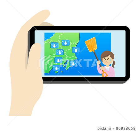 スマホで雪の天気予報をチェックするイラストイメージ 86933658