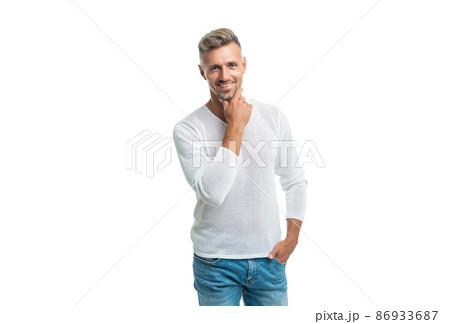 happy handsome mature guy with graying hair isolated on white background, mens beauty 86933687