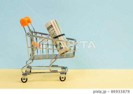 Dollars in shopping carts. Financial crisis or shopaholic concept. Copy space. 86933879
