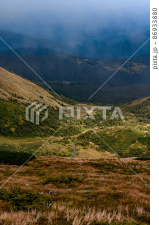 Overcast autumn Carpathians, picturesque mountain landscapes, Carpathian Ukrainian National Park. Overcast autumn Carpathians, picturesque mountain landscapes, Carpathian Ukrainian National Park. 86933880