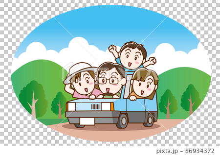 車でキャンプに出かける4人家族 86934372