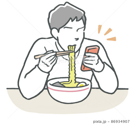 スマホをチェックしながら丼ラーメンを食べる男性のイラスト素材