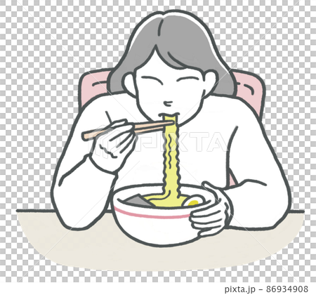 A woman who silently eats rice bowl ramen alone 86934908