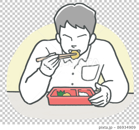 1人で黙々とコンビニ弁当を食べる男性 86934909