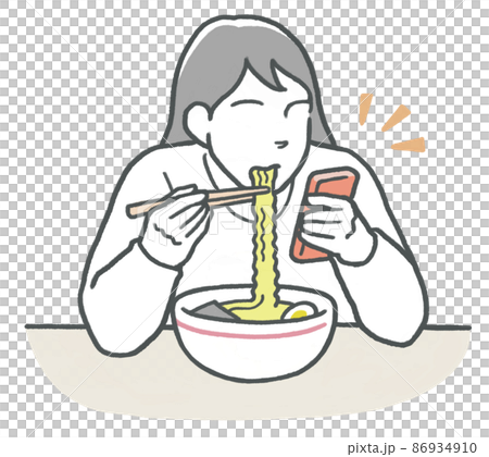 スマホをチェックしながら丼ラーメンを食べる女性 86934910