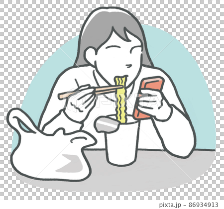 一個女人一邊摸手機一邊吃杯子拉麵 一個女人一邊摸手機一邊吃杯子拉麵 86934913
