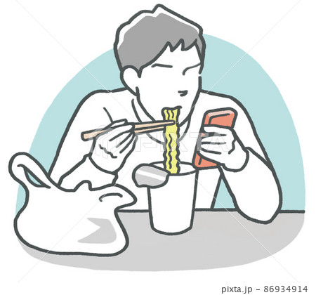 携帯電話を触りながらカップラーメンを食べる男性 携帯電話を触りながらカップラーメンを食べる男性 86934914