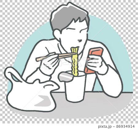 携帯電話を触りながらカップラーメンを食べる男性 携帯電話を触りながらカップラーメンを食べる男性 86934914