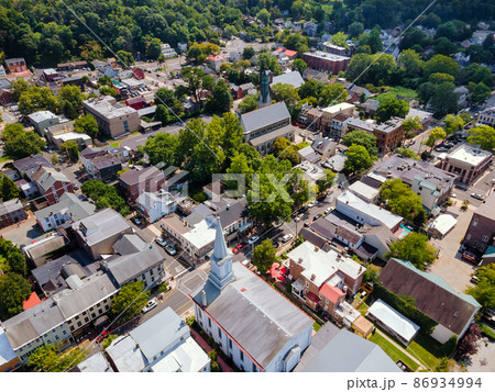 Aerial top view roofs of single family homes, the historic small town Lambertville in New Jersey US Aerial top view roofs of single family homes, the historic small town Lambertville in New Jersey US 86934994