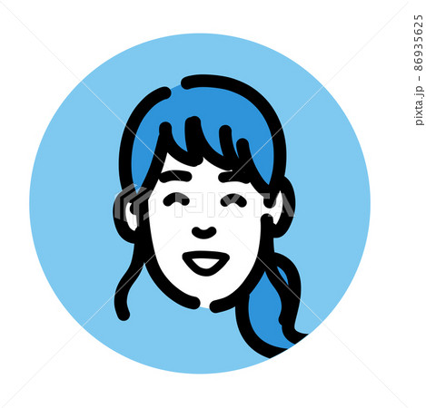 口を開けて目を細めた笑顔の若いポニーテールの女性のアイコンのイラスト素材